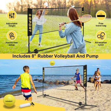Мобільна міні-сітка для волейболу з комплектом: м'яч, насос, сумка. Регульована висота 1.5-7.9м для тенісу, бадмінтону, футболу, піклболу