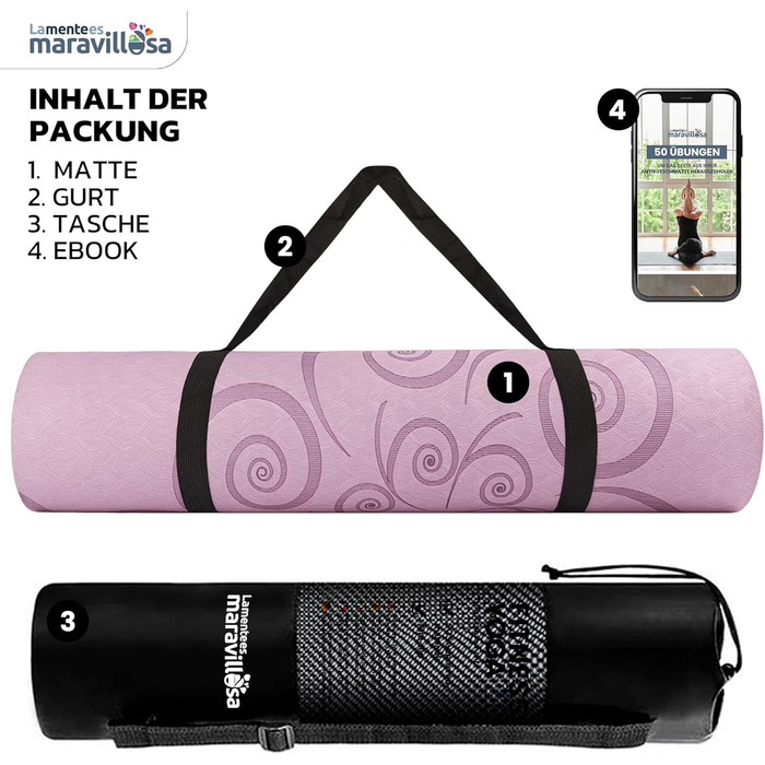 Килимок для гімнастики та йоги LA MENTE ES MARAVILLOSA з неслизькою поверхнею, сумкою та електронною книгою з вправ. Посилений, з TPE, 183x61 см (рожевий+синій)