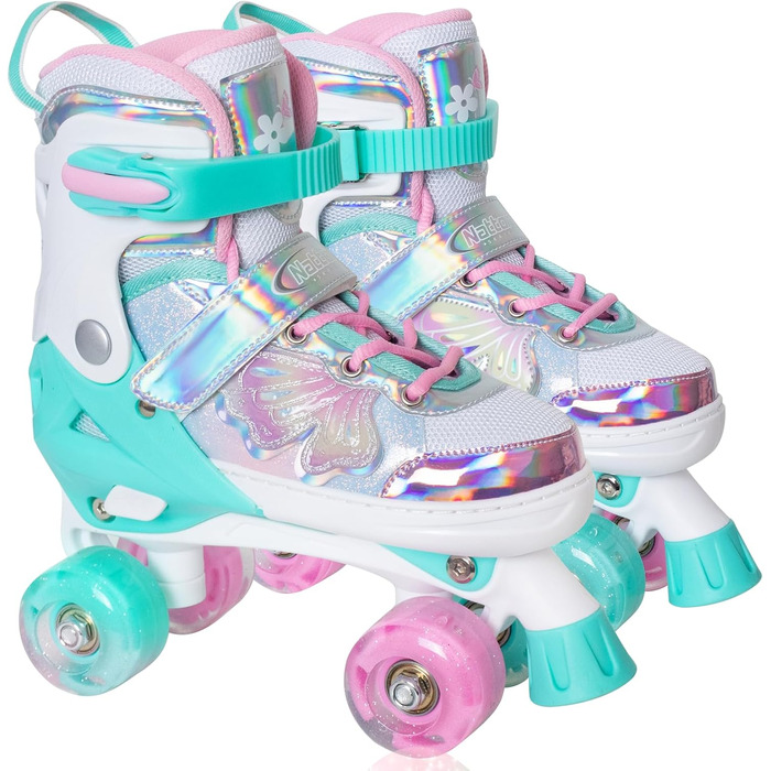 Дитячі ролики Nattork для дівчаток та хлопчиків, 4 розміри, регульовані, ролики на 4 колесах з малюнком метеликів та квітів, подарунок на день народження для занять спортом в приміщенні та на вулиці (S (EU 27-31), Petrol)
