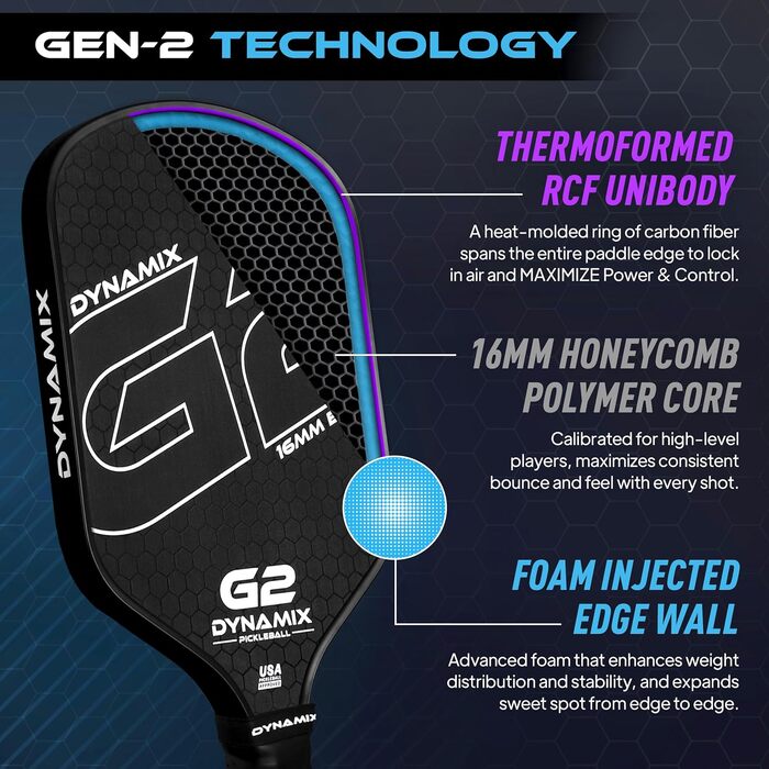 Плечовий ракетка для піклболу з вуглецевого волокна Gen-2, 16 мм, сертифікована USAPA, для професійних гравців, чорний грип/чорний край