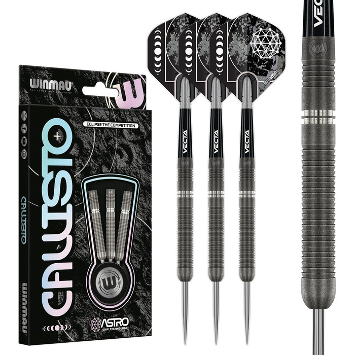 Професійний дартс-набір WINMAU Callisto 90% вольфрам, сталевий наконечник, 3 комплектації, ваги 22-26 г, з оперенням та стрижнями