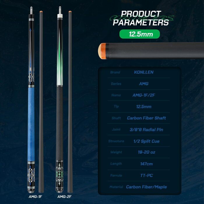 KONLLEN Billardqueue з карбону, 58 дюймів: професійний більярдний кий для дорослих, повна карбонова технологія, низький опір, наконечник 12,5 мм (Pro Taper, ультрагладкий) (AMG-2F-Blue)
