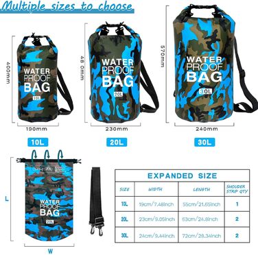 Водонепроникна сумка Dry Bag об'ємом 10L, 20L, 30L з регульованим плечовим ременем для плавання, рафтингу, кемпінгу, риболовлі, катання на човні, походів, каякінгу. Колір: блакитний (3000)