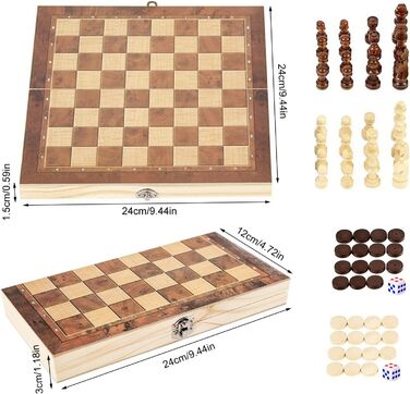 Шаховий набір з дерева 3 в 1, складаний, для подорожей, 24x24 см