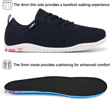 Geweo Взуття для пішохідної ходьби без шкарпеток для жінок та чоловіків. Легкі дихаючі кросівки з широкою передньою частиною та плоскою підошвою. Розміри 37-47, синій.