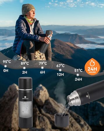 Термос SANTECO Thermoskanne 500 мл / 1 л, нержавіюча сталь, з чашкою, для дітей, спорту, кави, чаю. Ізотермічний, BPA-Free, 24 год холод/12 год гаряче, чорний