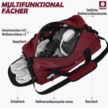 Спортивна сумка 35л для жінок і чоловіків, дорожня duffel-сумка з відділенням для взуття та вологих речей, водонепроникна ручна поклажа для спорту, фітнесу, басейну, колір бордовий