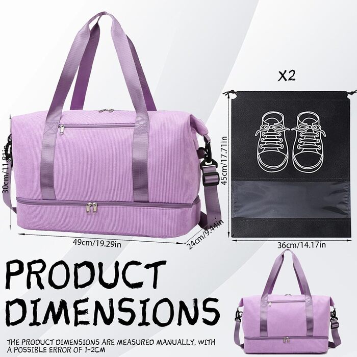 Спортивна сумка YOUYIKE для жінок та чоловіків 20-35Л, дорожня сумка з вельвету з відділенням для взуття та вологих речей, сумка для фітнесу, тренувань та подорожей (Коричнева, Лілова)