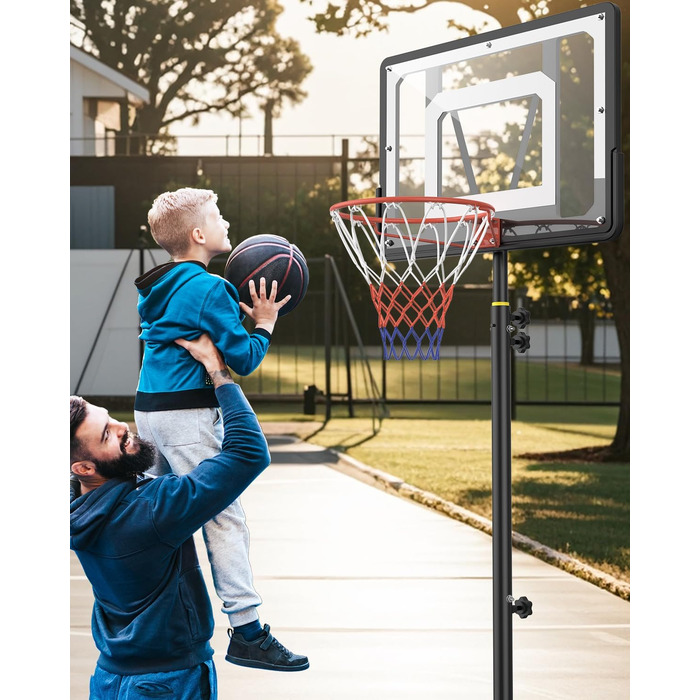 Баскетбольний кошик для вулиці, дитячий, регульована висота 150-210 см, стійка з міцною задня стінкою 80x60 см, збільшена база та колеса, чорний