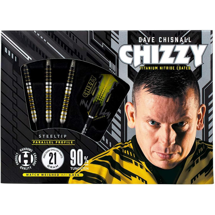 Професійні дротики Harrows Dave 'Chizzy' Chisnall 90% вольфрам, сталевий наконечник, 22 г, Supergrip Carbon, 100 мкм Chizzy Flights