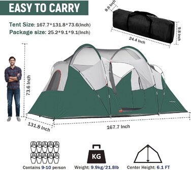 Намет кемпінговий HIKERGARDEN для 6-10 осіб, сімейний, 420x330x180 см, зелений - легкий у встановленні