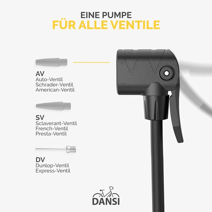Насос для велосипеда DANSI Stand-Fahrradpumpe - універсальний з манометром та адаптерами | Підходить для мотоцикла, електровелосипеда, авто та спортивного інвентарю