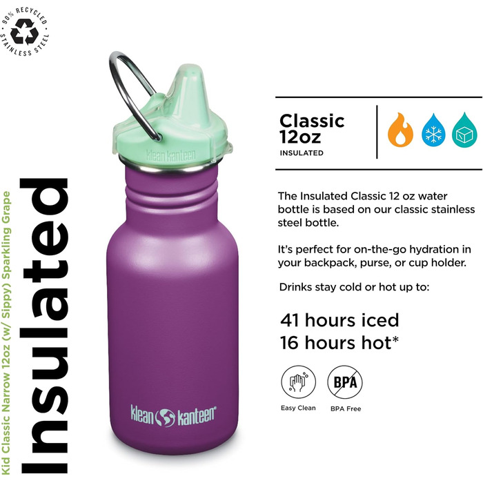 Пляшка для води Klean Kanteen Classic Narrow 355 мл, фіолетова, з нержавіючої сталі