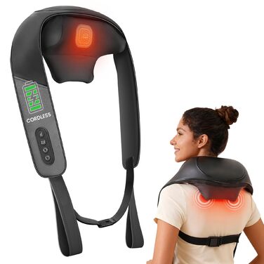 Масажер для шиї та спини Snailax Shiatsu бездротовий з підігрівом, 4D ролики, акумуляторний, USB-C, чорний