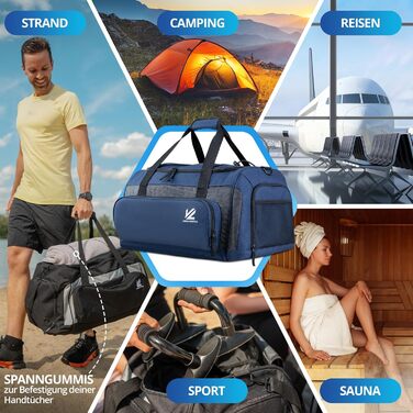 Спортивна сумка V® з відділенням для взуття, мокрою білизною та ізольованим холодильним відсіком. Сумка для сауни, подорожей, спортзалу, фітнесу, плавання. Чорно-сірий (XL, Синьо-карбоновий)