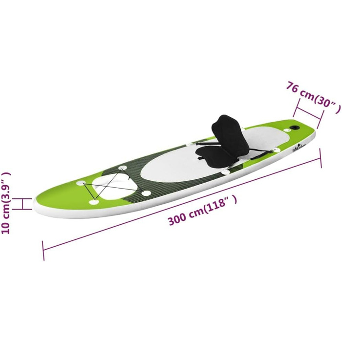 Надувна SUP-дошка для дорослих vidaXL 300x76x10 см, зелена, комплект для серфінгу та падлбордингу