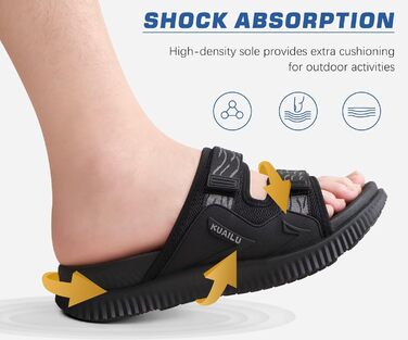 Чоловічі спортивні сандалі KuaiLu з м'якою устілкою, ортопедичні для фасціїту, для активного відпочинку та походів, легкі, відкриті, з регульованою застібкою-липучкою, чорні, 45 EU