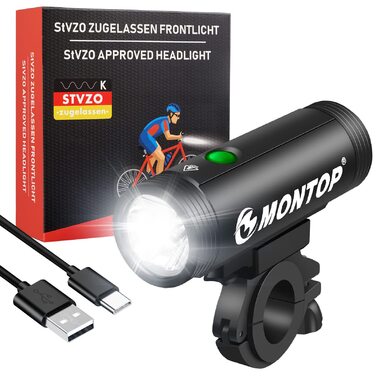Набір світлодіодних ліхтарів для велосипеда MONTOP LITE-400 з USB-акумулятором, передня фара та задній ліхтар (StVZO), для дітей та дорослих