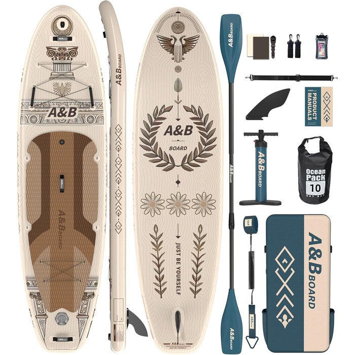 Надувний SUP-борд A&BBOARD з аксесуарами, 335x88 см, для підлітків та дорослих, бежевий + вінтажний