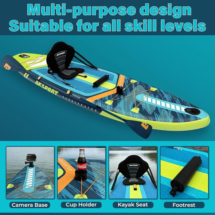 SUP дошка AKSPORT 11' надувна з повним комплектом аксесуарів, 34 дюйми, антиковзке покриття, для дорослих та підлітків (блакитно-зелена)