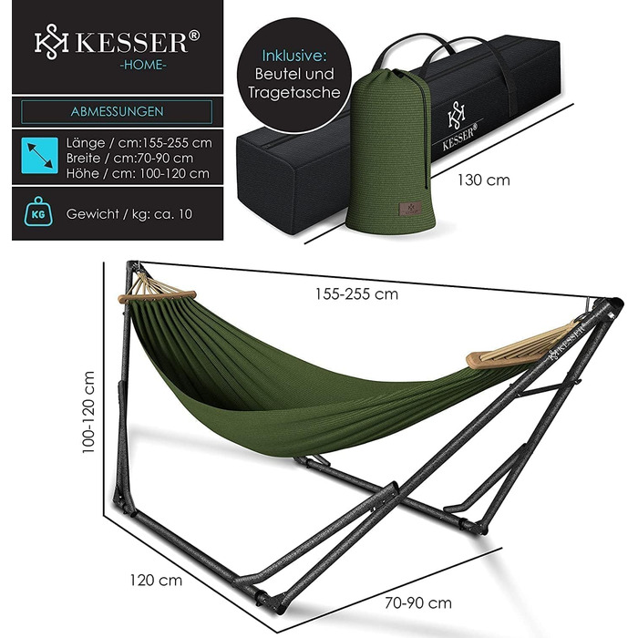 Гамак KESSER® з металевим каркасом: розкладний, регульований, стабільний. Для дому та вулиці (сад, балкон, тераса, кемпінг). У комплекті сумка та мішок. Колір: хакі.