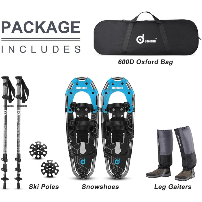 Снігоступи Odoland Allround 4 в 1 для жінок та чоловіків з трекінговими палками, водонепроникними гетрами та сумкою, розмір 21/25/30 дюймів (синій + чорний)