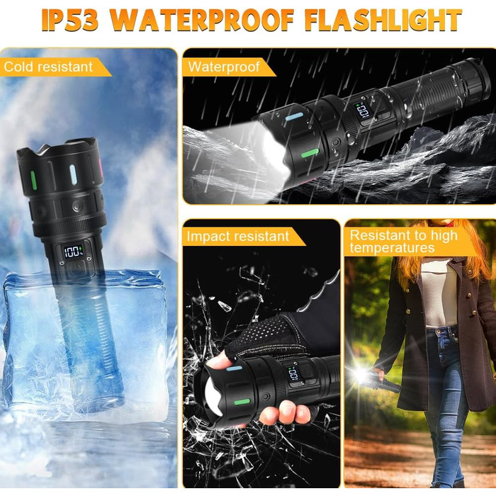 Ліхтар LED Vicloon, 500000 люмен, надпотужний, з регулюванням фокусу, 5 режимів, USB-C, водонепроникний IP53, для кемпінгу, туризму, надзвичайних ситуацій