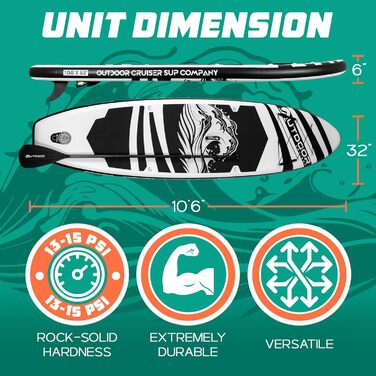 SUP дошка надувна OutdoorCrusier Ultra-Portable, блакитна (Карибське море), з повним комплектом аксесуарів, міцна, нековзка, для початківців та досвідчених райдерів