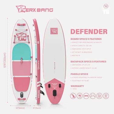 Надувна SUP-дошка TIGERXBANG Defender Pro 320 см, рожева, для сапсерфінгу