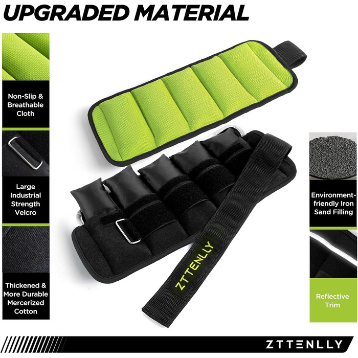 Регульовані ваги на щиколотки, 1-5/10/15/9 кг, пара з сумкою, дихаючі тканини, світловідбиваючий кант, силові тренування, ноги, зап'ястя, руки, щиколотки, набір ваг для ходьби для жінок, чоловіків (Зелений, пара 2.5 кг (по 1.25 кг))