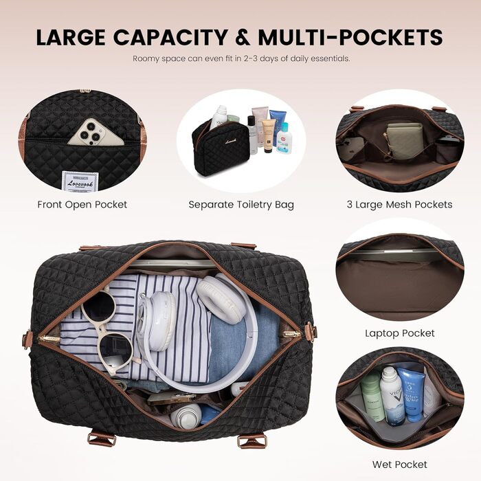 Спортивна сумка LOVEVOOK для жінок, велика з відділенням для взуття та мокрих речей, дорожня сумка-мішок, комплект з косметичкою, водонепроникна, ручна поклажа для літака, спортзал (M-2шт, чорно-коричнева)