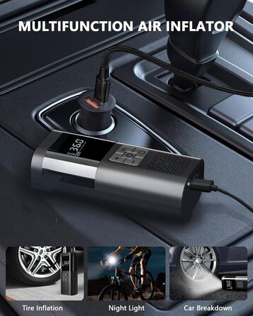 SERVOMASTER Електрична повітряна помпа з манометром, портативний міні-компресор, акумулятор 150PSI, LED-підсвічування, для авто, мотоцикла, велосипеда, м'ячів (чорний, сірий, бездротовий)
