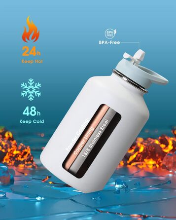 Coolflask пляшка для води 2 л з нержавіючої сталі з PU-чохлом, термос з металу із кришкою зі соломинкою, тримає холод 48 годин, гаряче 24 години, небесно-блакитна