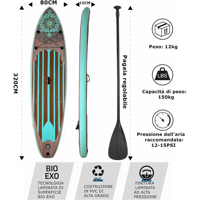 Надувна SUP-дошка MEKETUM 320x80x15 см, до 150 кг, комплект з веслом, насосом та аксесуарами для початківців і дітей, стійка для йоги, риболовлі, моря, літнього відпочинку, легка, стиль Мінтове дерево