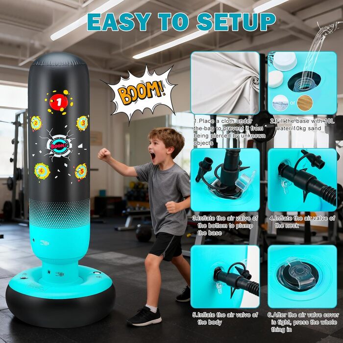 Дитячий боксерський мішок з боксерськими рукавичками та насосом, 165 см, стабільний динозавр та мішень, 2 в 1, надувний боксерський мішок для дітей, комплект для тренувань, подарунок для хлопчиків та дівчаток 3-12 років