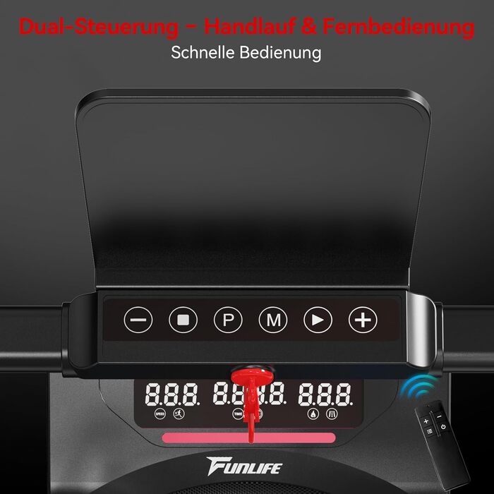Біговий тренажер FunLife F4 (оновлення 2025) – 4-в-1, складний, з кутом нахилу 7%, керування через додаток, тихий, з двома ручками та страхувальним тросом, 1-12 км/год, для дому, для людей похилого віку, червоний
