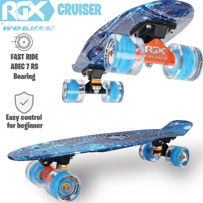 Скейтборд WeLLIFE Mini Cruiser 22 дюйми з LED колесами, PU 78A, ABEC-7, для дітей, підлітків і дорослих
