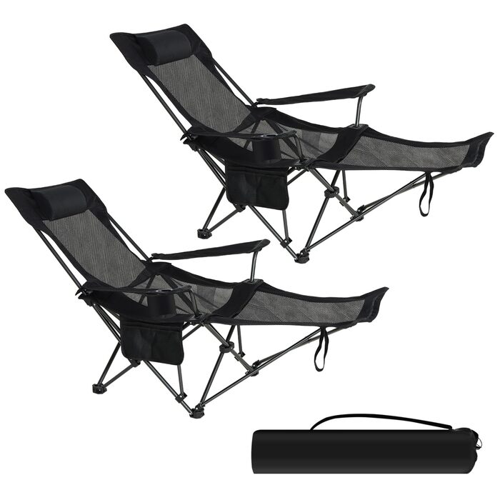 Крісло для кемпінгу eSituro, складне, для риболовлі, з підставкою для ніг та тримачем для напоїв, пляжне, зі спинкою, регульованою, чорне (2 шт.)