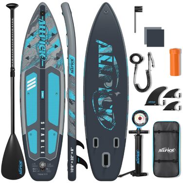 Надувний SUP Борд ALLPICK Premium Set: Комплектація для початківців та просунутих, з камерою, регульованим веслом, 200 кг, колір: ошм'ятково-блакитний
