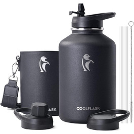 Термос-бутилка Coolflask 2 л з нержавіючої сталі з PU-чохлом, ізольована пляшка для води з кришкою та трубочкою, тримає холод 48 годин і тепло 24 години, чорна Polar