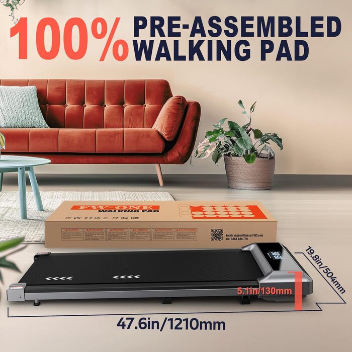 Бігова доріжка VOWVIT для дому 2-в-1, Walking Pad з LED-дисплеєм, дистанційним керуванням, 2.25HP, швидкість 1-6 км/год, гарантія 2 роки