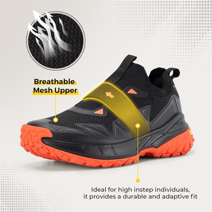 Черевики для хайкінгу FitVille для чоловіків, широкі, трекінгові, slip-on, outdoor, дихаючі, для ходьби, з антиковзкою підошвою, вільні кросівки (45 EU X-широкі, чорно-помаранчеві)