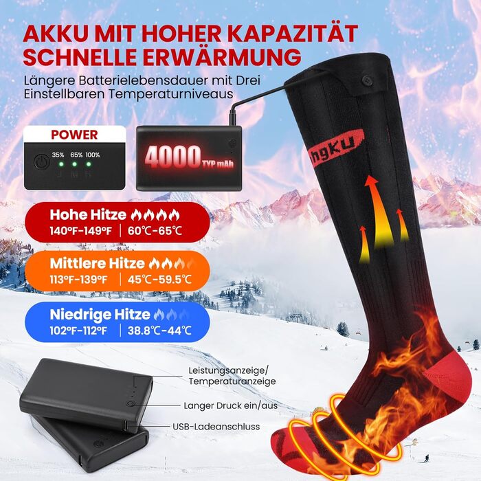 Електричні зігріваючі шкарпетки з акумулятором 4000mAh для жінок та чоловіків, 3 режими нагріву, для вулиці, кемпінгу та полювання, пральні