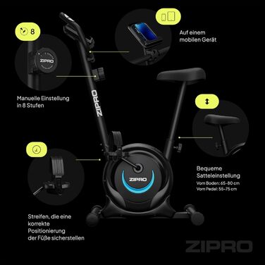 ZIPRO Велоергометр для дому з 8 рівнями магнітного опору, тримачем для смартфона, LCD-монітором, регульованим сидінням, чорно-синій