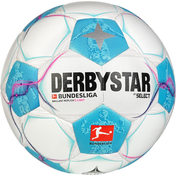 Футбольний м'яч Derbystar Bundesliga Brillant Replica S-light V24, розмір 4, білий/синій/рожевий, для юнаків, унісекс