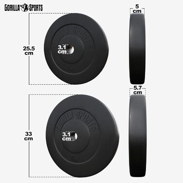 Диски для гантелей GORILLA SPORTS, набір/одиночно, 1,25–30 кг, отвір 30 мм, пластик, комплект гантелей 30 кг (2x5 + 2x10 кг)