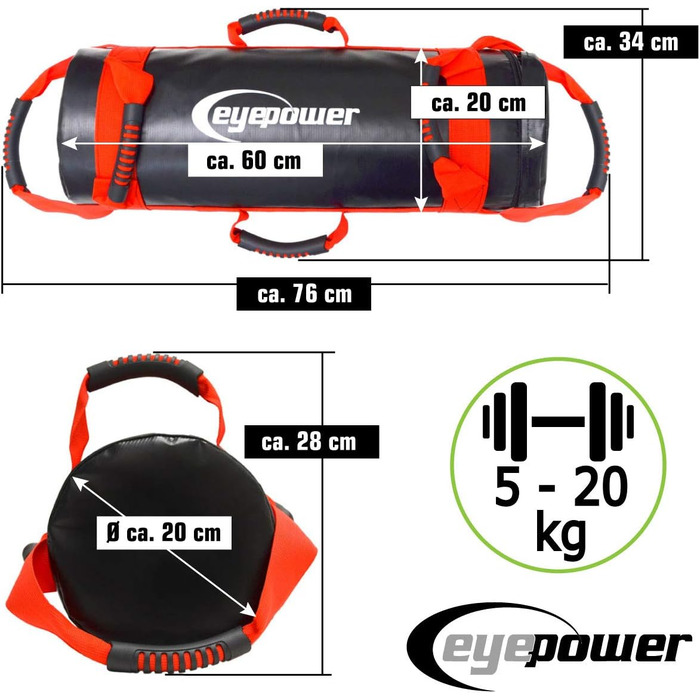 Мішок для тренувань EyePower 20 кг з 4 гантелями (заповнений піском) - 6 ручок, для дому, преміум якість, чорно-червоний
