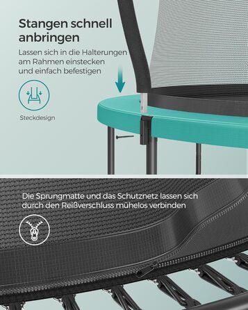 Батут SONGMICS без пружин, Ø 244/305/366 см, для дітей, вуличний, еластичні канати, захисна сітка з блискавкою, склопластикові стійки, безпечний, тихий