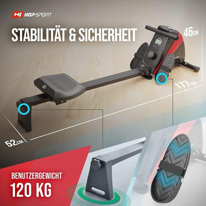 Гребний тренажер Hop-Sport Boost для дому, складаний, з комп'ютером, магнітною системою гальмування, 10 рівнів, кулькопідшипникове сидіння, до 120 кг, червоний