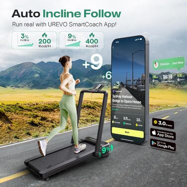 Бігова доріжка UREVO Strol 2S Pro 3-в-1, розумна, складна, 1-12 км/год, з APP, автоматичний нахил, подвійний дисплей, для дому та офісу